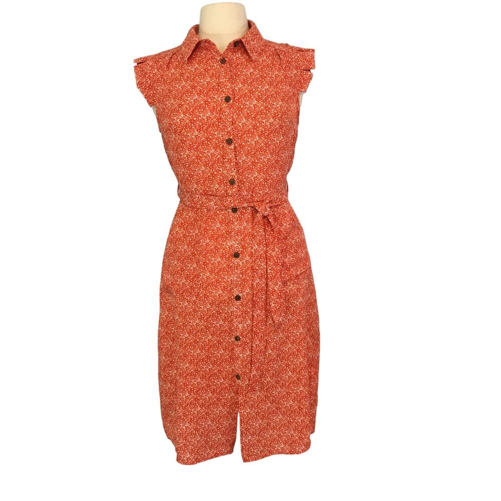 Monteau Coral Orange White Floral Flutter Sleeve Dress, Button Front Fit Flare M